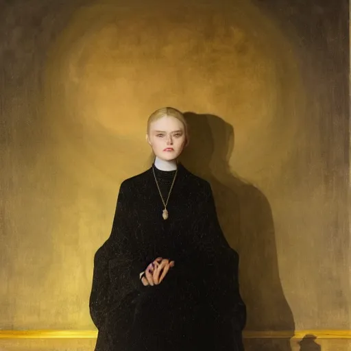Prompt: Elle Fanning in a black coat, religious masterpiece portrait, oil on canvas, dark stormy night, the only light is from a lit torch, in the world of Andrew Wyeth and Bloodborne, artstation, by J. C. Leyendecker and Peter Paul Rubens,