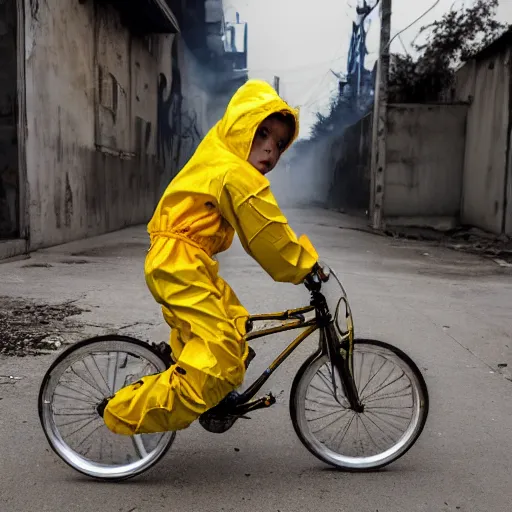 Image similar to a photo of a boy wearing a hazmat suit, riding a bike, side-view, smoke in the background, filthy streets, broken cars. Vines growing. Jpeg artifacts. Full-color photo. Color color color color color. Award-winning photo. Samyang/Rokinon Xeen 50mm T1.5