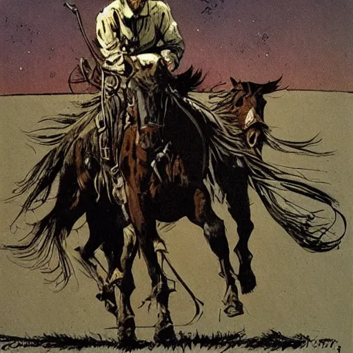 Prompt: a cowboy and his horse by sergio toppi