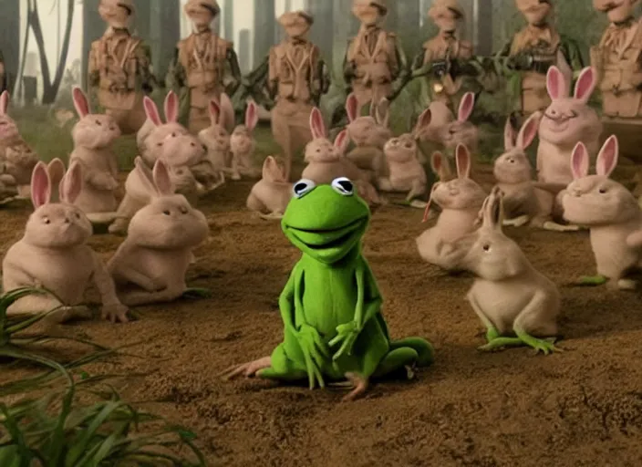 Image similar to handsome muscular kermit confronts an army of bunny rabbits film still directed by denis villeneuve