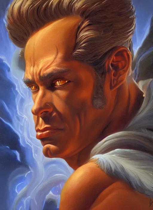 Image similar to a magical portrait of the god of power, art by boris vallejo and greg danton and denys tsiperko, detailed, hyperrealism, artstation