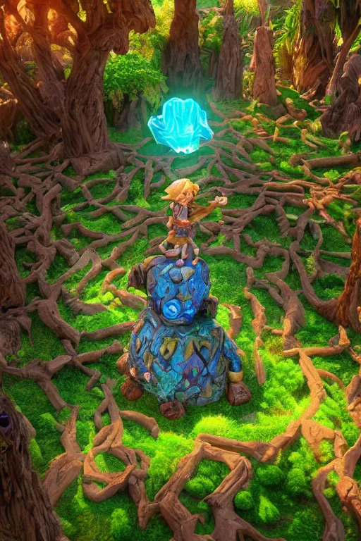 Image similar to zelda fantasy art giant golem troll wood rock greeble gemstone enchanted forest, global illumination ray tracing hdr fanart arstation by sung choi and eric pfeiffer and gabriel garza and casper konefal bastion forged hardmesh lisa frank zbrush central radiating a glowing aura global illumination ray tracing hdr