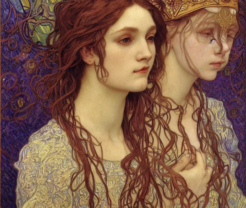 Image similar to detailed realistic beautiful young medieval queen face portrait by jean delville, alphonse mucha, vincent van gogh, and marco mazzoni, art nouveau, symbolist, visionary, gothic, pre - raphaelite