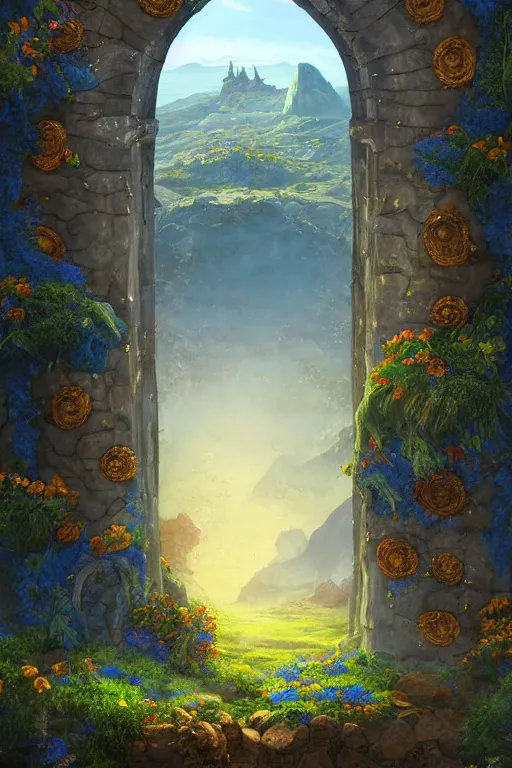 Image similar to A giant medieval fantasy blue energy portal gate with a rusty gold carved lion face at the center of it, the portal takes you to another world, full of colorful flowers on the lost Vibes and mountains in the background, spring, delicate fog, sea breeze rises in the air, by andreas rocha and john howe, and Martin Johnson Heade, featured on artstation, featured on behance, golden ratio, ultrawide angle, f32, well composed, rule of thirds, center spotlight, low angle view