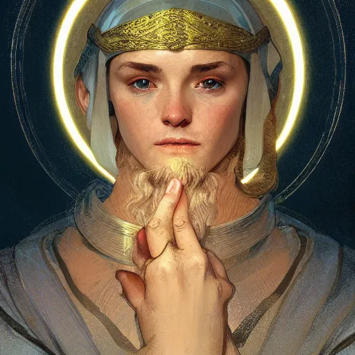 Image similar to portrait of a medieval peasant with a divine halo, intricate, headshot, highly detailed, digital painting, artstation, concept art, sharp focus, cinematic lighting, illustration, art by artgerm and greg rutkowski, alphonse mucha, cgsociety