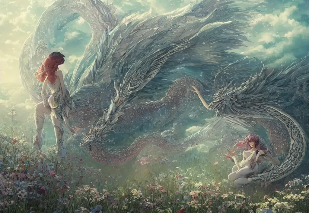 Image similar to the beautiful hyper detailed scene render that a lonely single beautiful girl lies in the arms of a huge silver dragon alone in the fairyland surrounded by white clouds, in the style of makoto shinkai victo ngai and peter mohrbacher studio ghibli artgerm karol bak beeple, cinematic, beautiful dream, ultra wide angle, animation style, 8 k hd