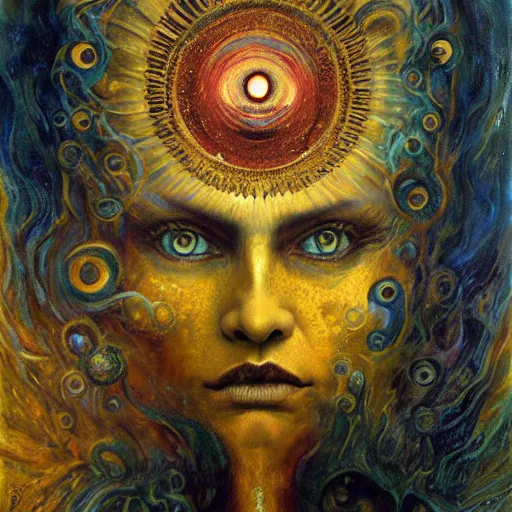 Image similar to Visions of Hell by Karol Bak, Jean Deville, Gustav Klimt, and Vincent Van Gogh, nightmare portrait, infernal, visionary, otherworldly, fractal structures, ornate gilded medieval icon, third eye, hellfire, spirals, horror