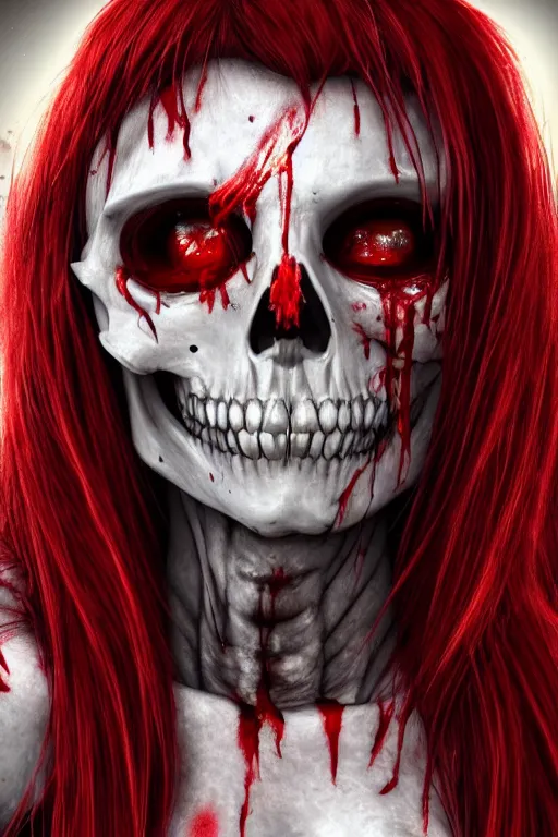 Image similar to skeleton black bones!!, covered with blood, jessica nigri face!!, long red hair, ultra realistic, concept art, intricate details, highly detailed, photorealistic, octane render, 8 k, unreal engine. retro film still, heavy grain, 3 5 mm, art by artgerm and greg rutkowski and alphonse mucha