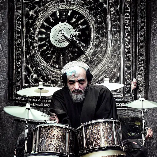 Image similar to khomeini playing drums in heavy metal band in heaven, high definition, trending on artstation, unreal engine, photorealistic, high resolution,, trending on deviantart, hdr, hyper detailed, insane details, intricate, elite, ornate, elegant, luxury, dramatic lighting