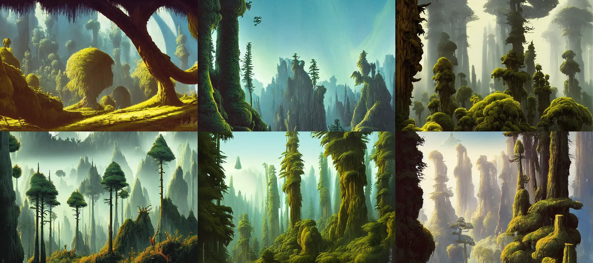 Prompt: Endor landscape in the style of Dr. Seuss, starships, painting by Raphael Lacoste