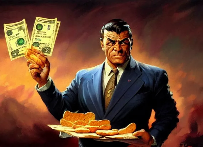 Prompt: magic : the gathering fantasy character concept art of the great businessman by frank frazetta, high resolution. a clear portrait of powerful, business man wearing a business suit, holding a wad of money made out of bread, magical bread and toast money swirling around, fantasy coloring, intricate, digital painting, artstation, smooth, sharp focus