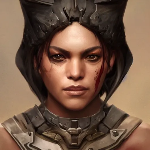 Image similar to beautiful, very strong, mixed race, female, middle aged, face, no makeup, no tattoos, warrior, battle hardened, head shot, fantasy, highly detailed, digital painting, artstation, concept art, smooth, sharp focus, illustration, art by jodie muir and brom