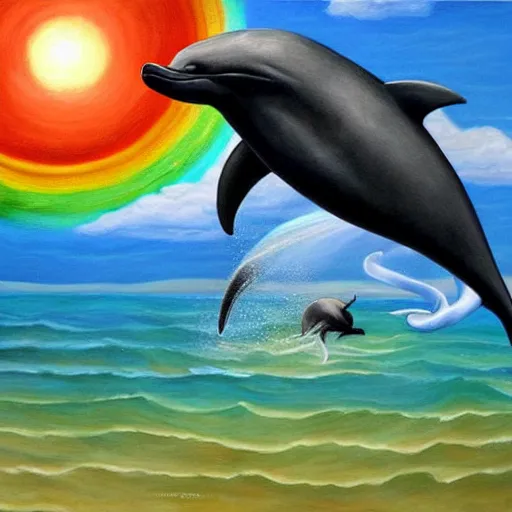 Image similar to a hyper realistic painting of the grim reaper riding a dolphin over a rainbow, highly detailed, vivid color,