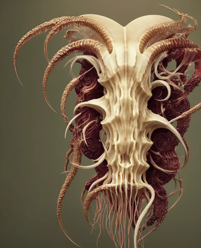 Image similar to goddess close-up portrait ram skull. jellyfish phoenix head, nautilus, orchid, skull, betta fish, bioluminiscent creatures, intricate artwork by Tooth Wu and wlop and beeple. octane render, trending on artstation, greg rutkowski very coherent symmetrical artwork. cinematic, hyper realism, high detail, octane render, 8k