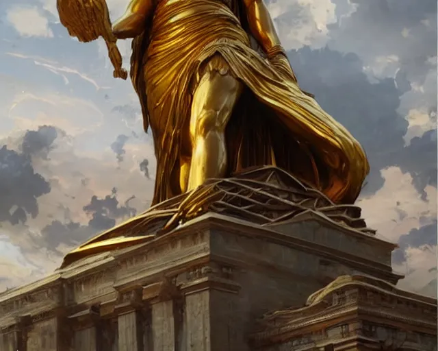 Image similar to imposing colossal golden statue of the goddess of justice, a fantasy digital painting by Greg Rutkowski and James Gurney, trending on Artstation, highly detailed