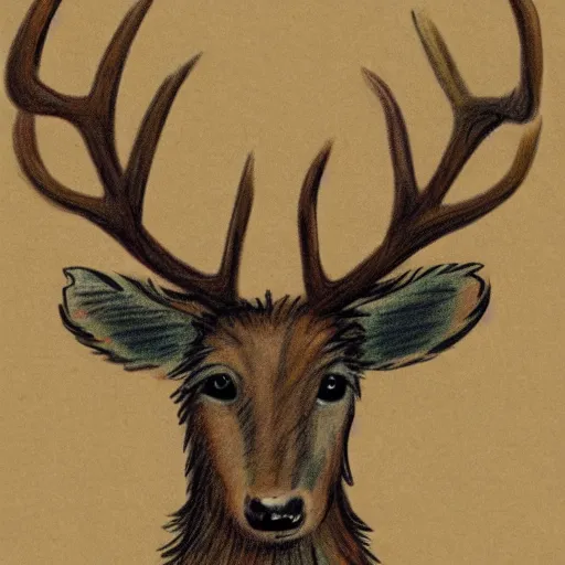 Prompt: professional vintage, detailed, colored sketch of a fuzzy creature with antlers, full descriptions, on parchment, 8K, HD