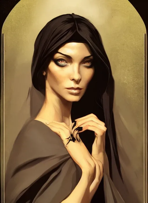 Image similar to tarot!!, high priestess, no noise, elegant, concept art, sharp focus, beautiful face!!, digital art, smooth defined outlines!!, human anatomy, human structure, vector background, dark fantasy, by Brom, trending on Artstation, Tom Bagshaw, Sargent