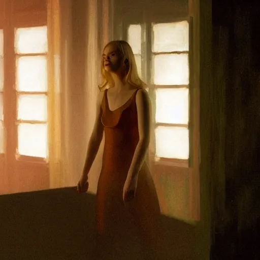 Prompt: Elle Fanning in dead space in the world of Edward Hopper, extremely detailed masterpiece, oil on canvas, low-key neon lighting, artstation, Blade Runner 2049, Roger Deakin’s cinematography, by J. C. Leyendecker and Peter Paul Rubens,