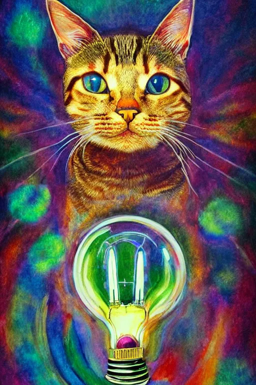 Image similar to portrait of a cat inside a light bulb, modern fine art, dreamscape, intricate, elegant, subsurface scattering, highly detailed, pop art painting, organic acrylic flow art, psychedelic surreal art, acrylic art, watercolor, featured on deviantart, cgsociety