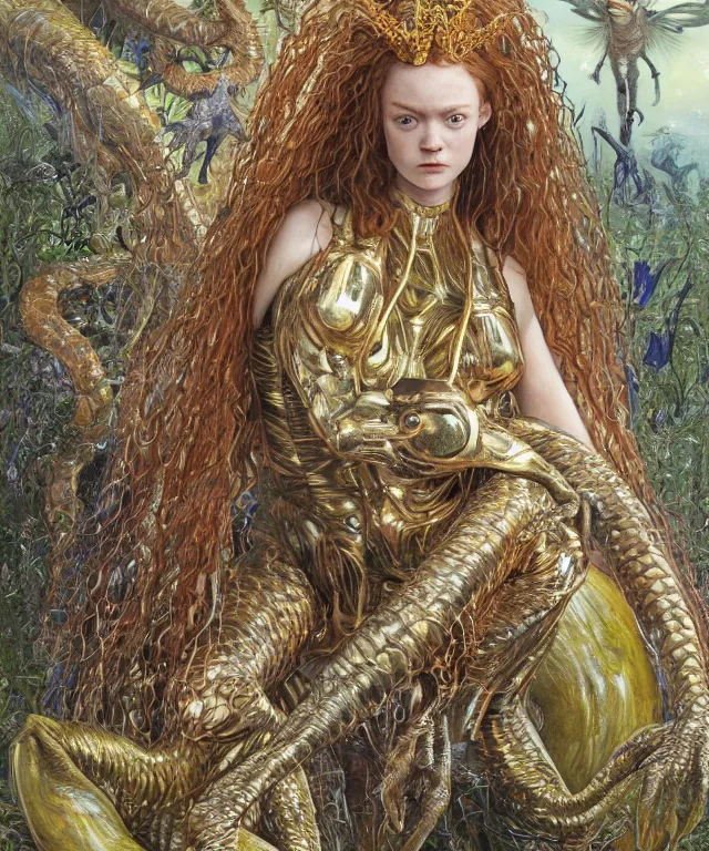 Prompt: a portrait photograph of sadie sink as a strong alien harpy queen with amphibian skin. she is dressed in a shiny metal slimy organic membrane catsuit and transforming into a snake antilope. by donato giancola, walton ford, ernst haeckel, peter mohrbacher, hr giger. 8 k, cgsociety, fashion editorial