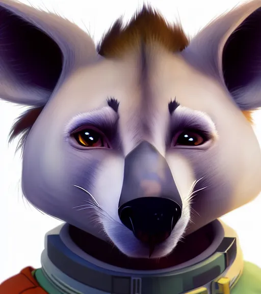 Image similar to digital detailed portrait of anthromorphic female hyena, in style of zootopia, fursona, furry, furaffinity, 4 k, deviantart, wearing astronaut outfit, in style of disney zootopia, floating in space, space background, hyena fursona, cyberpunk, female, detailed face, style of artgerm,