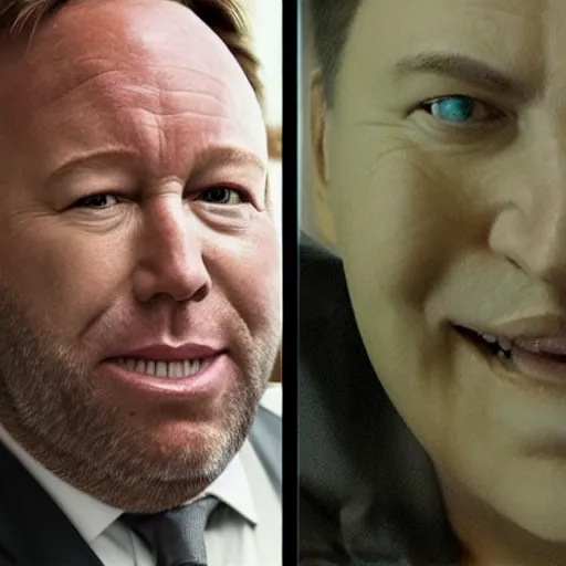 Image similar to hyperrealistic mixed media image of info wars alex jones with ( ( ( ( ( ( ( bullfrog face ) ) ) ) ) ) ), stunning 3 d render inspired art by xiang duan and thomas eakes and greg rutkowski, perfect facial symmetry, hyper realistic attributes and atmosphere, dim volumetric cinematic lighting, 8 k octane render, post - processing, masterpiece,