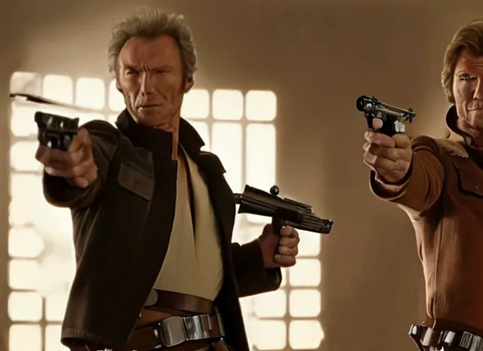 Prompt: film still of clint eastwood man with no name as han solo aiming a gun in new star wars, inside a tavern, 4 k