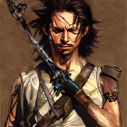 Image similar to portrait of a hero holding his sword in front of his face by yoji shinkawa, high quality, extra details, realism, ornate, colored, golden chain, blood, white skin, short hair, brown eyes, vivid, sunlight, dynamic, american man, freedom, white american soldier, pencil art