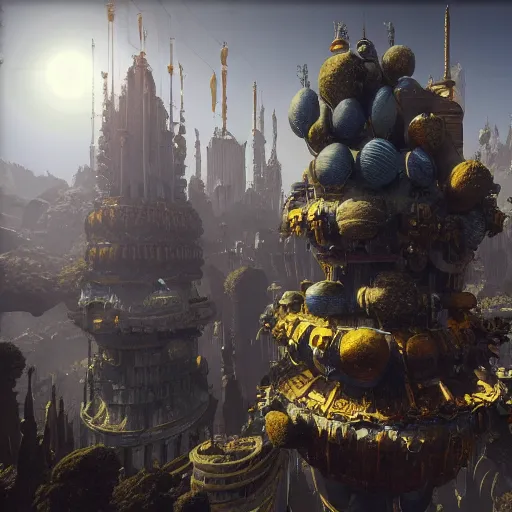 Image similar to enormous flying city in a faberge egg, sky, steampunk, fantasy art, masterpiece, hugh ferriss, unreal engine 5, peder balke