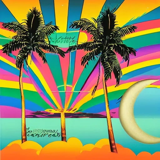 Image similar to miracle musical Hawaii part ii album cover, showing an ocean in the background, spiral transparent stairs on the left with tall palm trees behind it, a slight rainbow in the background, white outline border, moon in the right top area black and white except for the rainbow album cover