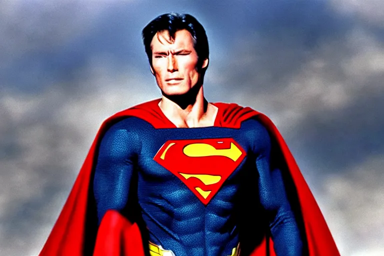 Image similar to clint eastwood as superman in the 1 9 8 0's, superhero film, hyperrealistic, detailed, smooth, sharp focus