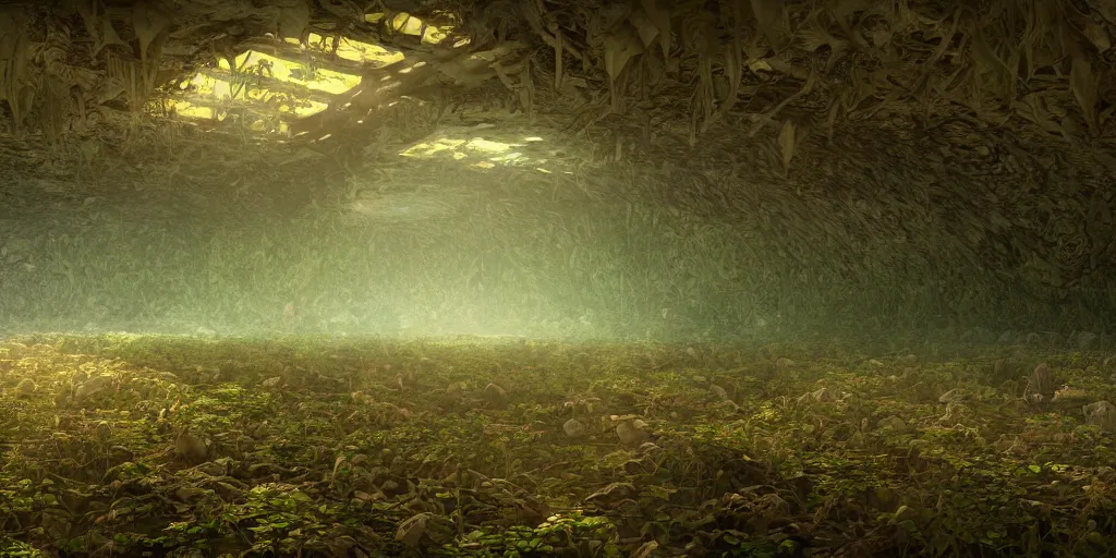 Prompt: a massive liminal fallout shelter, grown hazy overtime and overgrown with fungus, unreal render, 4k, octane, concept art, trending on artstation