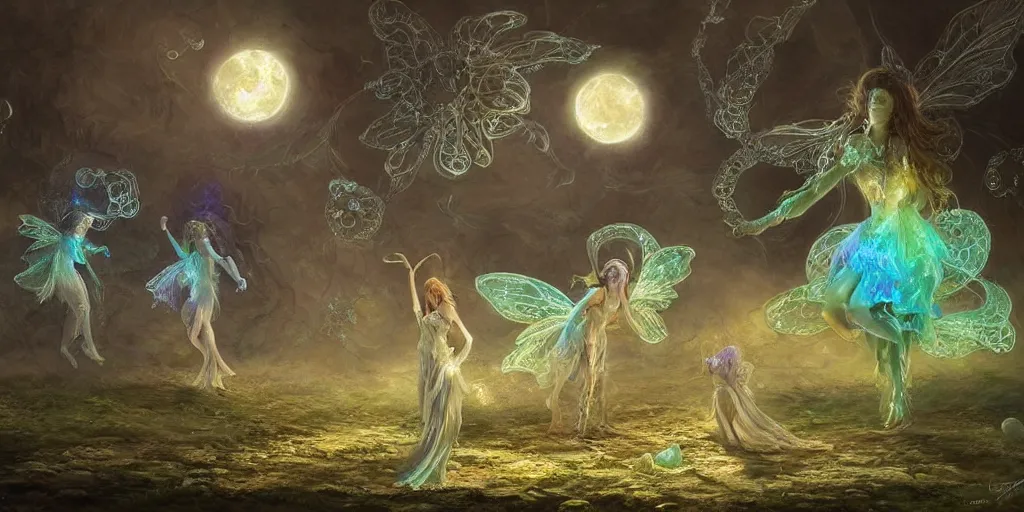 Prompt: concept art of translucent glowing fairies dancing, lovecraftian, renaissance, melting, round moon, rich clouds, moon rocks, large alien flowers, very detailed, volumetric light, mist, fine art, textured oil over canvas, epic fantasy art, very colorful, ornate intricate shiny scales, fractal gems