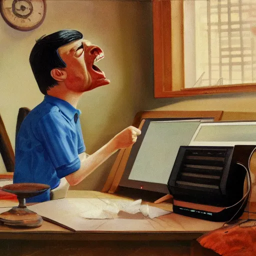 Prompt: an angry man screams at his computer monitor, oil on canvas, 1 9 6 7, highly detailed