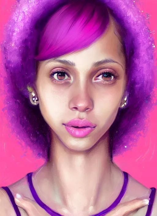 Image similar to portrait of teenage vanessa morgan with bright pink hair, vanessa morgan, curly pixie cut hair, wearing a purple breton cap, breton cap, hoop earrings, intricate, elegant, glowing lights, highly detailed, digital painting, artstation, concept art, smooth, sharp focus, illustration, art by wlop, mars ravelo and greg rutkowski