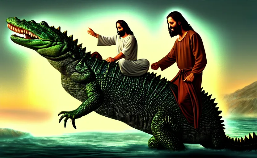 Image similar to jesus rides an aligator, cinematic, fantasy, hyper detailed, digital painting, 4 k realistic, trending on artstation, sharp focus, john banovich, photographer art wolfe, light source on left