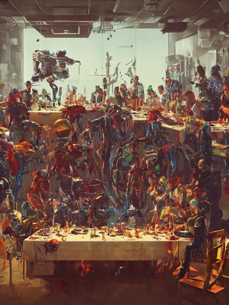 Prompt: a futuristic version of the last supper with punks, criminals and robots in a painting from stalenhag, 4 k, 8 k, hdr, artstation, concept art