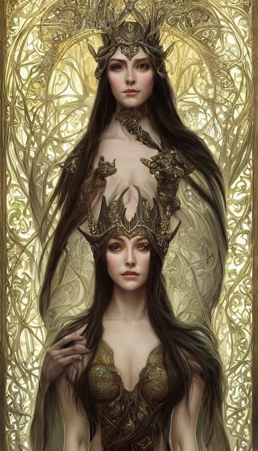 Image similar to a oil painting of a elven queen, cute, fantasy, intricate, elegant, highly detailed, centered, digital painting, artstation, concept art, smooth, sharp focus, illustration, art by artgerm and h r giger and alphonse mucha