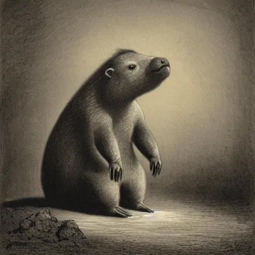 Image similar to capybara in a tuxedo, dark, high detail, dramatic light, drawing gustave dore