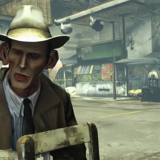 Image similar to nick valentine is sitting in a shopping cart, realism, proportions, 1 6 f, stylization for fallout 4