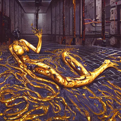 Image similar to realistic coubert dark hi-tech sci-fi lab at night, realistic full body oil painting of hideous and sick shiny black onyx skin human exposed guts crawling in two legs and dripping golden metalic fluid from intestine into a pool of golden liquid on the floor. Smokey atmosphere