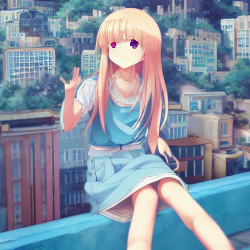 Prompt: a very beautiful anime girl, full body, long wavy blond hair, sky blue eyes, full round face, short smile, cute top, miniskirt, sitting on a miniature city, surround by a miniature crowd,wallpaper by wlop