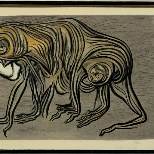 Image similar to four faced creature, drawn by francis bacon