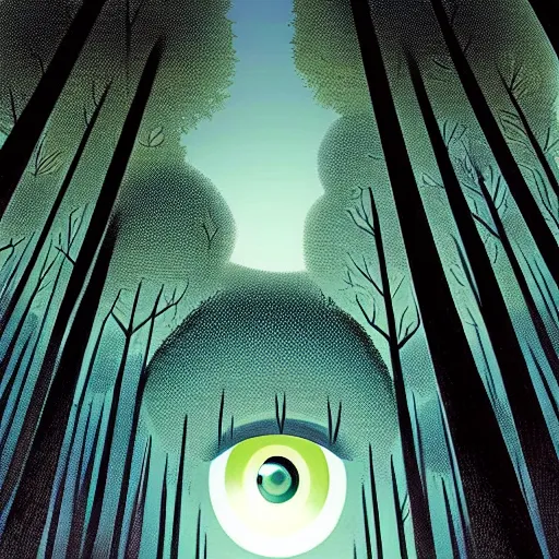 Prompt: a gigantic eye hovers over a forest, it looks down on you. wide angle, ratio 16:9. pov shot, you are standing right below the eye and look up. dramatic lighting, concept art, award winning. illustration by Brian bolland