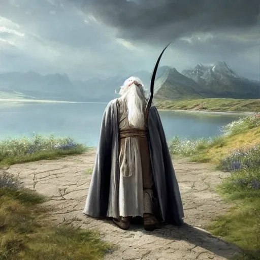 Prompt: morgan freeman starring as gandalf in lord of the rings, beautiful, serene colors, lake background, complimentary contrast, dramatic lighting, masterpiece, high contrast, painted by stanley lau, painted by greg rutkowski, painted by stanley artgerm, digital art, trending on artstation