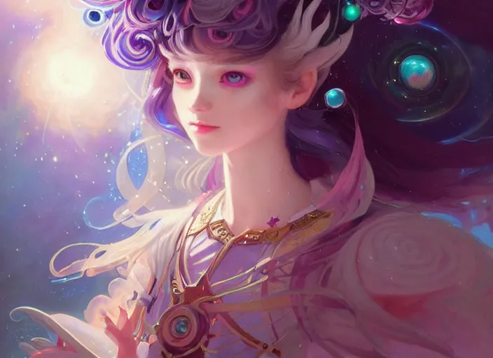 Image similar to close up picture of an maximalist dress magical girl, neat hair with bangs, slightly smiling, full of confidence, extremely beautiful and aesthetic and detailed cute face and eyes, wipe out evils with cute astronaut familiar sprites, aming the magical beams, chiaroscuro, intricate, masterpiece, fantasy illustrations by peter mohrbacher and anato finnstark and jeremy lipking