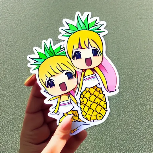 Prompt: die cut sticker of anime chibi kawaii cute two pineapples on beach vacation