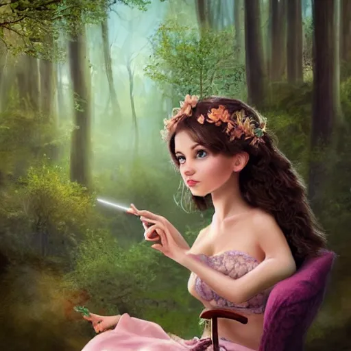 Prompt: a beautiful fantasy portrait of a petite caucasian brunette with a round face and slightly short hair smoking a j with in an enchanted forest, digital art, highly detailed