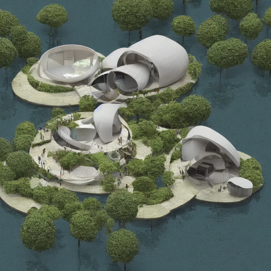 Image similar to architectural model, isometric view, 3 d render, studio lighting, low contrast, dark background, highly detailed, a circular house with circular courtyards floating on water at the sloping edge of a lake, tree