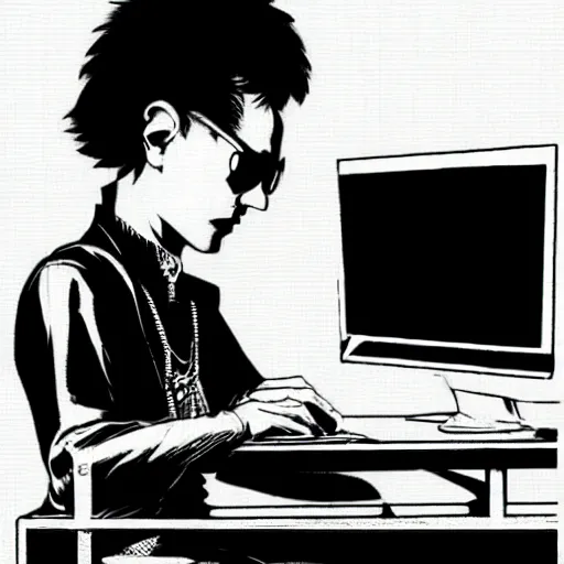 Image similar to a goth computer nerd sitting in front of computer screen, by mike deodato, small details, aesthetic,